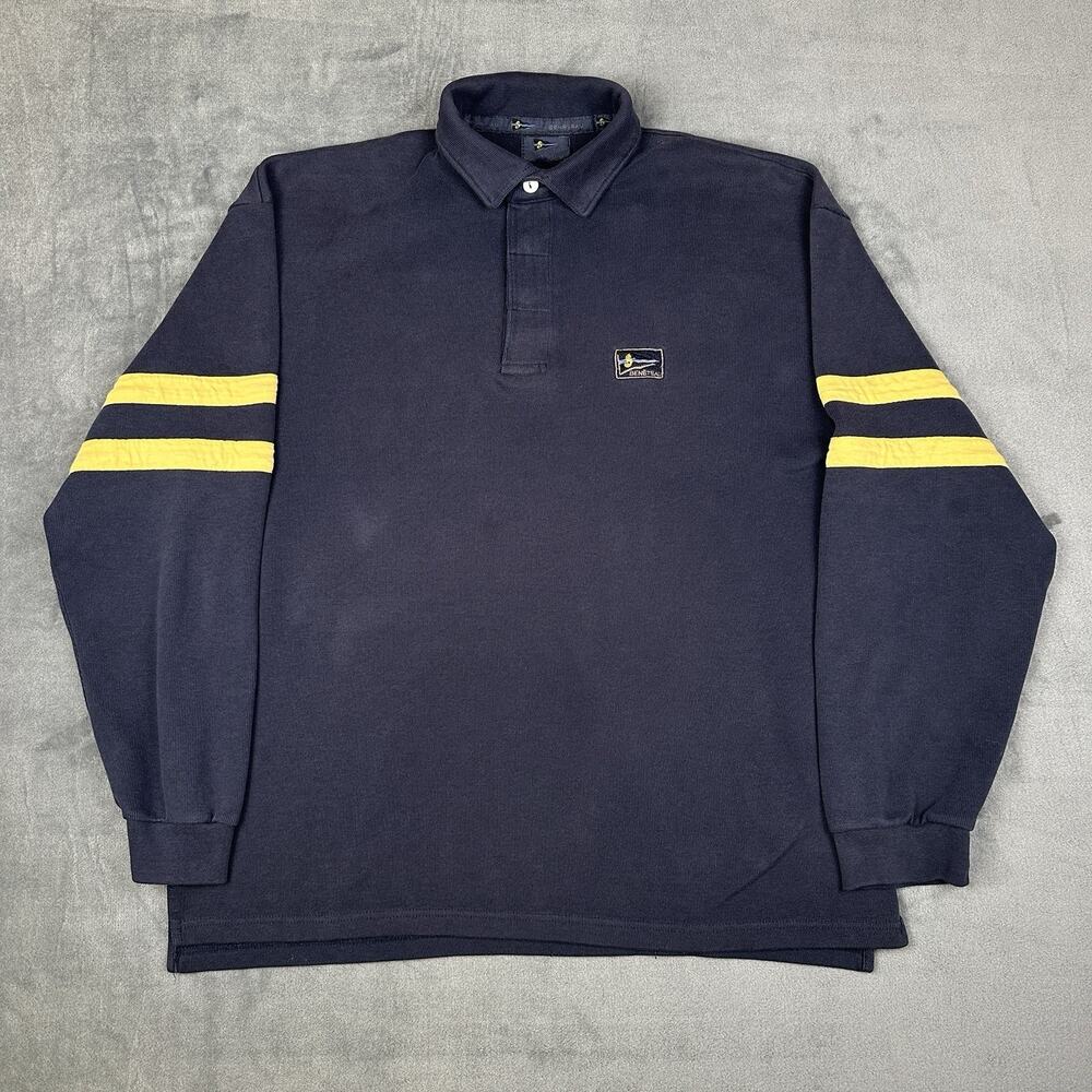 VTG Beneteau Long Sleeve Polo Shirt Mens XL Navy Yellow Stripe Sailing Rugby